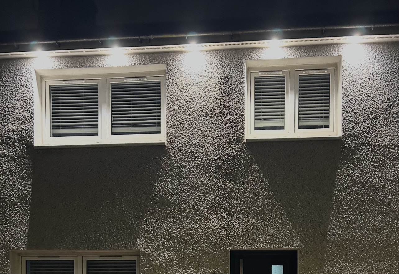 Exterior soffit lighting installed by EG3 Electrical